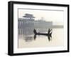 Fisherman on Taungthaman Lake in Mist at Dawn with U Bein Bridge-Lee Frost-Framed Photographic Print