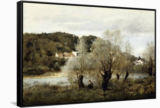 Fisherman on the Edge of a Pond in the Village of Avary-Jean-Baptiste-Camille Corot-Framed Stretched Canvas