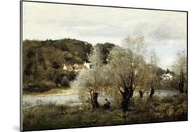 Fisherman on the Edge of a Pond in the Village of Avary-Jean-Baptiste-Camille Corot-Mounted Giclee Print
