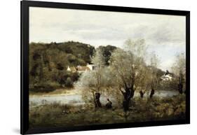 Fisherman on the Edge of a Pond in the Village of Avary-Jean-Baptiste-Camille Corot-Framed Giclee Print