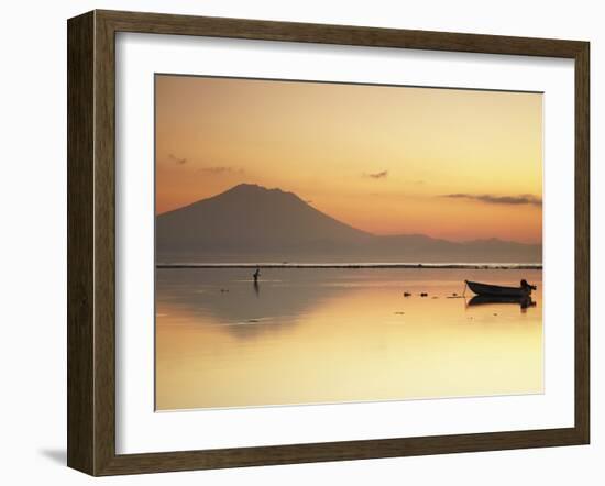 Fisherman Standing in Sea with Mount Agung in the Background, Sanur, Bali, Indonesia-Ian Trower-Framed Photographic Print