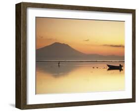 Fisherman Standing in Sea with Mount Agung in the Background, Sanur, Bali, Indonesia-Ian Trower-Framed Photographic Print