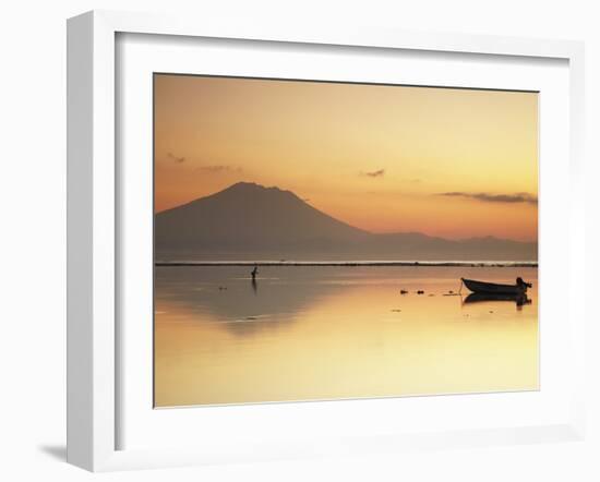 Fisherman Standing in Sea with Mount Agung in the Background, Sanur, Bali, Indonesia-Ian Trower-Framed Photographic Print