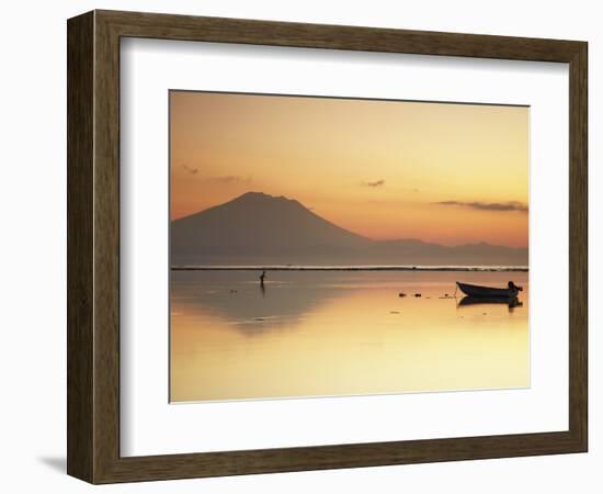 Fisherman Standing in Sea with Mount Agung in the Background, Sanur, Bali, Indonesia-Ian Trower-Framed Photographic Print