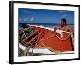 Fisherman Tends His Boat on the Beach, Isla Margarita, Venezuela-Greg Johnston-Framed Photographic Print