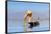 Fisherman with traditional conical net on boat, Lake Inle, Shan State, Myanmar (Burma)-Jan Miracky-Framed Stretched Canvas