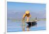 Fisherman with traditional conical net on boat, Lake Inle, Shan State, Myanmar (Burma)-Jan Miracky-Framed Photographic Print