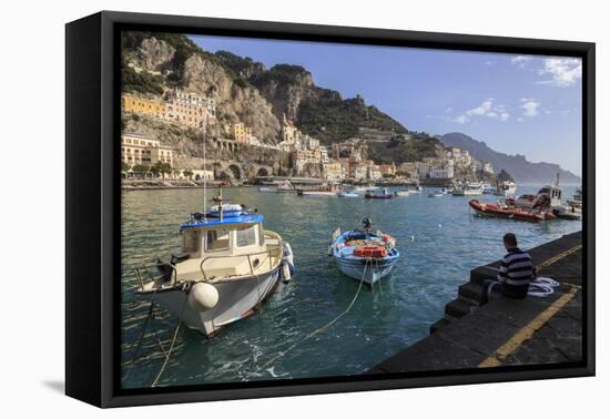 Fisherman Working on Harbour Quayside with View Towards Amalfi Town and Fishing Boats-Eleanor Scriven-Framed Stretched Canvas