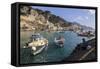 Fisherman Working on Harbour Quayside with View Towards Amalfi Town and Fishing Boats-Eleanor Scriven-Framed Stretched Canvas