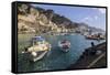 Fisherman Working on Harbour Quayside with View Towards Amalfi Town and Fishing Boats-Eleanor Scriven-Framed Stretched Canvas