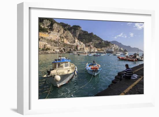 Fisherman Working on Harbour Quayside with View Towards Amalfi Town and Fishing Boats-Eleanor Scriven-Framed Photographic Print