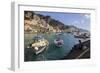 Fisherman Working on Harbour Quayside with View Towards Amalfi Town and Fishing Boats-Eleanor Scriven-Framed Photographic Print