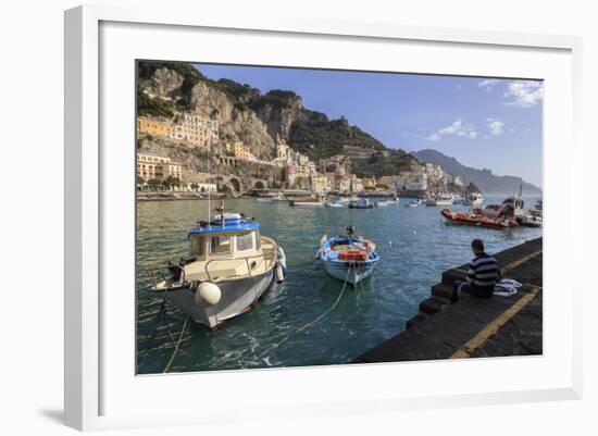 Fisherman Working on Harbour Quayside with View Towards Amalfi Town and Fishing Boats-Eleanor Scriven-Framed Photographic Print