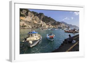 Fisherman Working on Harbour Quayside with View Towards Amalfi Town and Fishing Boats-Eleanor Scriven-Framed Photographic Print