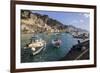 Fisherman Working on Harbour Quayside with View Towards Amalfi Town and Fishing Boats-Eleanor Scriven-Framed Photographic Print