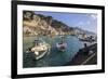 Fisherman Working on Harbour Quayside with View Towards Amalfi Town and Fishing Boats-Eleanor Scriven-Framed Photographic Print