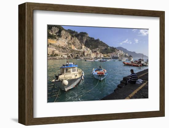 Fisherman Working on Harbour Quayside with View Towards Amalfi Town and Fishing Boats-Eleanor Scriven-Framed Photographic Print