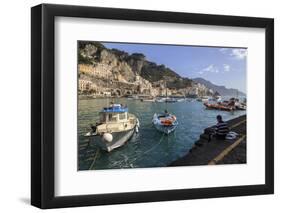 Fisherman Working on Harbour Quayside with View Towards Amalfi Town and Fishing Boats-Eleanor Scriven-Framed Photographic Print