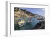 Fisherman Working on Harbour Quayside with View Towards Amalfi Town and Fishing Boats-Eleanor Scriven-Framed Photographic Print