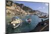 Fisherman Working on Harbour Quayside with View Towards Amalfi Town and Fishing Boats-Eleanor Scriven-Mounted Premium Photographic Print