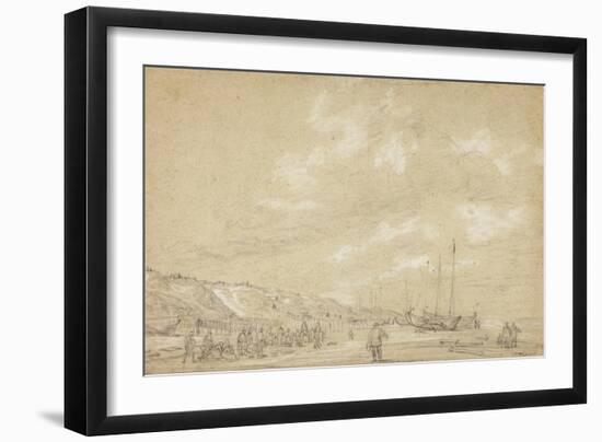 Fishermen Drying Nets on Scheveningen Beach-Simon Jacobsz. Vlieger-Framed Giclee Print