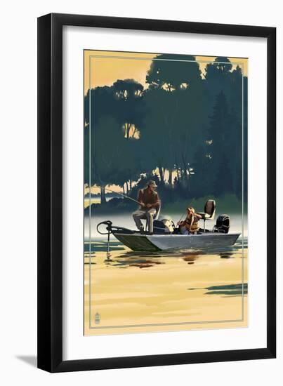 Fishermen in Boat-Lantern Press-Framed Art Print