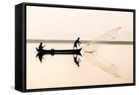 Fishermen on Taungthaman Lake in Dawn Mist-Lee Frost-Framed Stretched Canvas