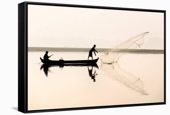 Fishermen on Taungthaman Lake in Dawn Mist-Lee Frost-Framed Stretched Canvas