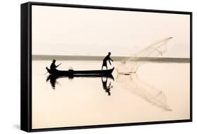 Fishermen on Taungthaman Lake in Dawn Mist-Lee Frost-Framed Stretched Canvas