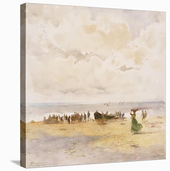 Fishermen on the Beach-Pompeo Mariani-Stretched Canvas