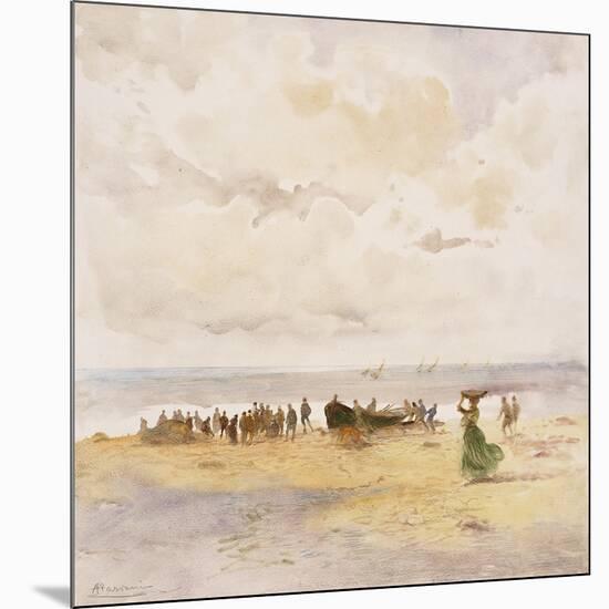 Fishermen on the Beach-Pompeo Mariani-Mounted Giclee Print