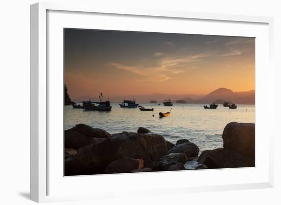 Fishermen's Boats Float Off the Coast of Praia Da Picinguaba, Ubatuba, Brazil-Alex Saberi-Framed Photographic Print