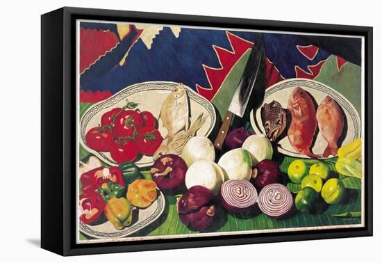 Fishes with Knife, Lemons and Vegetables, 2005-Pedro Diego Alvarado-Framed Stretched Canvas