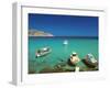 Fishiing Boats and Man Snorkelling at Anopi Beach, Karpathos, Dodecanese, Greek Islands, Greece-Sakis Papadopoulos-Framed Photographic Print