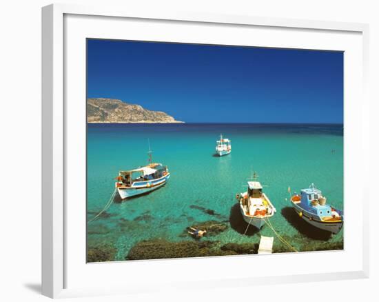 Fishiing Boats and Man Snorkelling at Anopi Beach, Karpathos, Dodecanese, Greek Islands, Greece-Sakis Papadopoulos-Framed Photographic Print