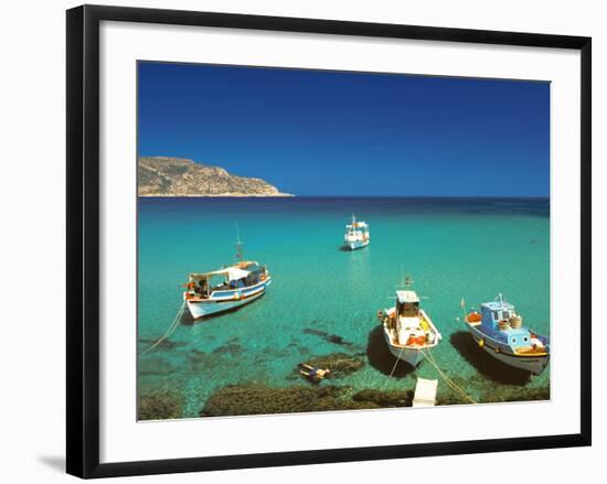 Fishiing Boats and Man Snorkelling at Anopi Beach, Karpathos, Dodecanese, Greek Islands, Greece-Sakis Papadopoulos-Framed Photographic Print