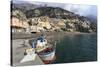 Fishing Boat at Quayside and Positano Town, Costiera Amalfitana (Amalfi Coast), Campania, Italy-Eleanor Scriven-Stretched Canvas