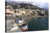 Fishing Boat at Quayside and Positano Town, Costiera Amalfitana (Amalfi Coast), Campania, Italy-Eleanor Scriven-Stretched Canvas