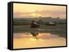 Fishing Boat at Sunset on the Aln Estuary at Low Tide, Alnmouth, Northumberland, England-Lee Frost-Framed Stretched Canvas