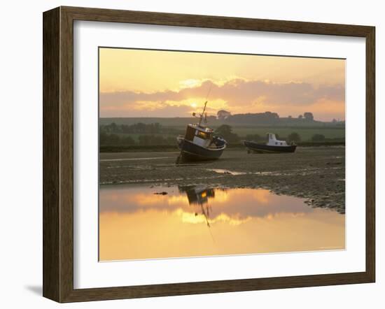 Fishing Boat at Sunset on the Aln Estuary at Low Tide, Alnmouth, Northumberland, England-Lee Frost-Framed Photographic Print