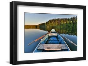 Fishing Boat in a Calm Lake Water/Old Wooden Fishing Boat/ Wooden Fishing Boat in a Still Lake Wate-null-Framed Photographic Print