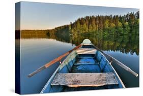 Fishing Boat in a Calm Lake Water/Old Wooden Fishing Boat/ Wooden Fishing Boat in a Still Lake Wate-null-Stretched Canvas