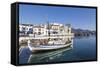 Fishing Boat in the Harbour, Agios Nikolaos, Lasithi, Crete, Greek Islands, Greece, Europe-Markus Lange-Framed Stretched Canvas