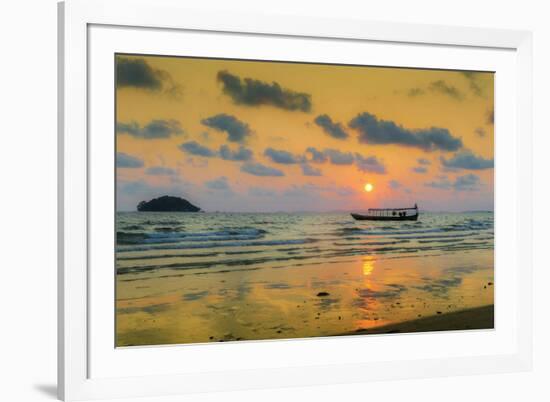 Fishing boat moored off beach south of the city at sunset, Otres Beach, Sihanoukville, Cambodia-Robert Francis-Framed Photographic Print