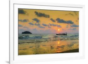 Fishing boat moored off beach south of the city at sunset, Otres Beach, Sihanoukville, Cambodia-Robert Francis-Framed Photographic Print