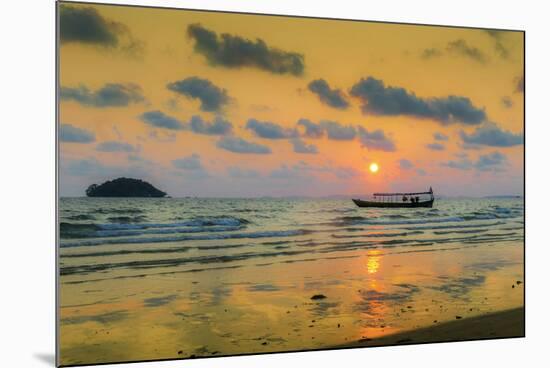 Fishing boat moored off beach south of the city at sunset, Otres Beach, Sihanoukville, Cambodia-Robert Francis-Mounted Photographic Print