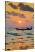 Fishing boat moored off beach south of the city at sunset, Otres Beach, Sihanoukville, Cambodia-Robert Francis-Stretched Canvas