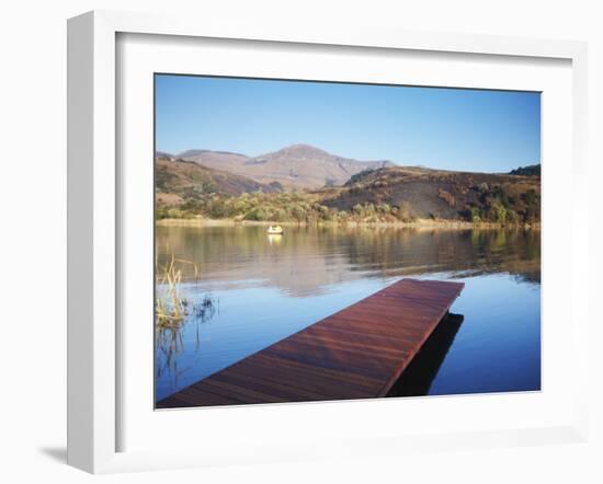 Fishing Boat on Lake and Drakensberg Mountains, Ukhahlamba-Drakensberg Park, Kwazulu-Natal-Ian Trower-Framed Photographic Print