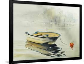 Fishing Boat on the Lake or River in Harmony with Nature. Picture Created with Watercolors.-null-Framed Art Print