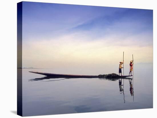 Fishing Boat Reflected on Inle Lake, Burma-Brian McGilloway-Stretched Canvas